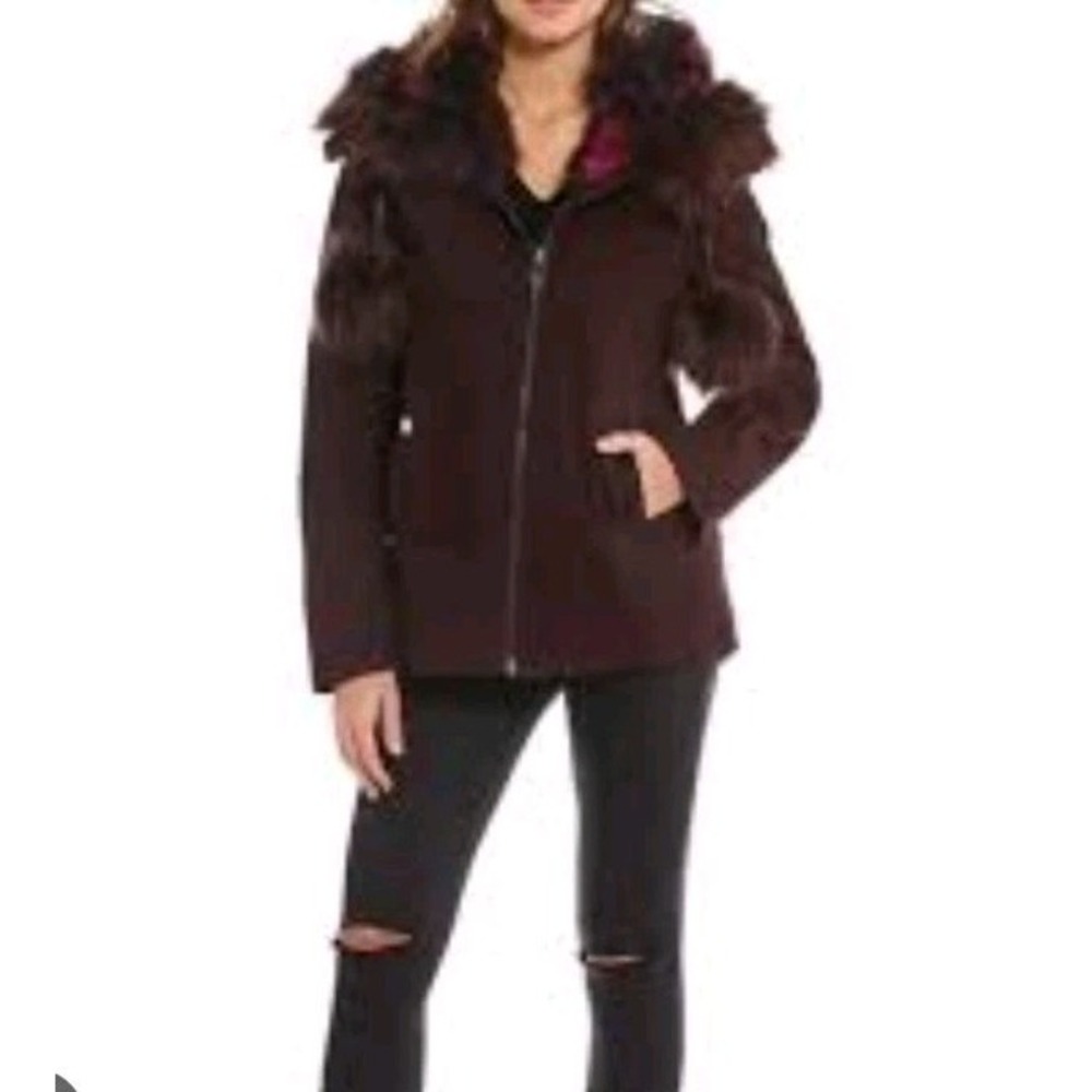 gianni bini Purple Cotton Parka Lined Hooded Jacket Faux Fur Trim Size Small